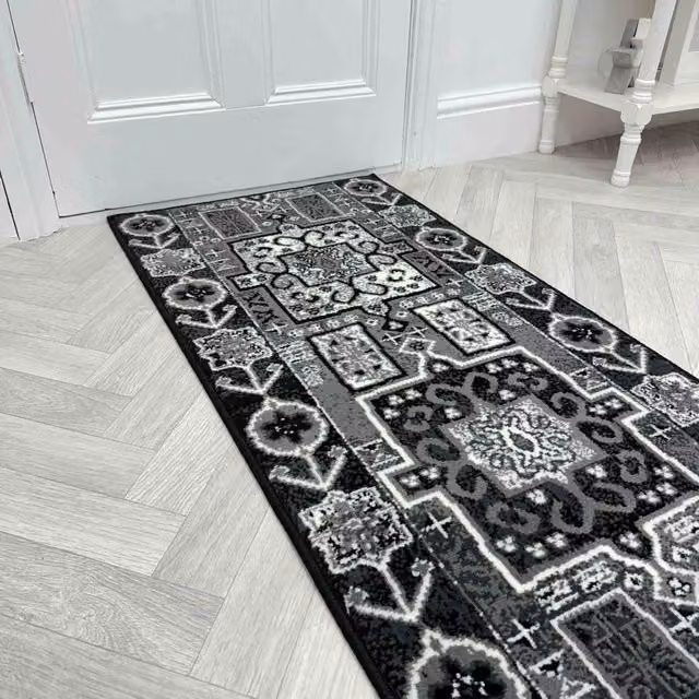 runrug Abstract Hallway Carpet Runner Rug in Black, W: 60 cm, L: 390 cm – 1