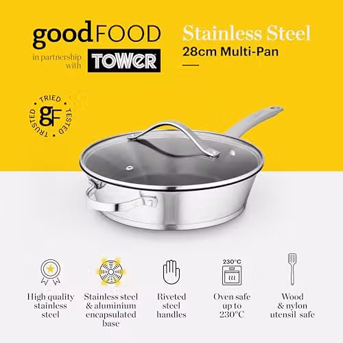 Tower 28cm Multi-Pan with Tempered Glass Lid, Silver Stainless Steel and Ceramic Non-Stick Coating, Induction Compatible and Oven Safe – 1