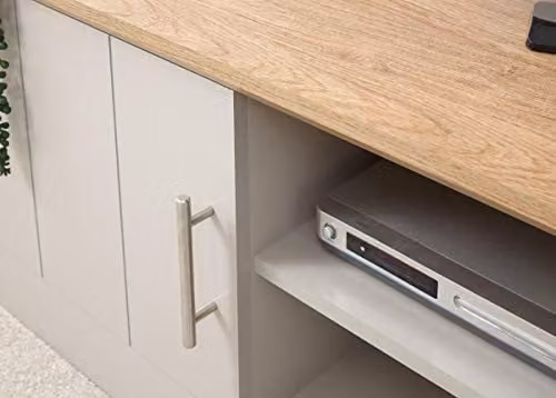 GFW Kendal Large TV Unit with Cupboards and Open Shelving in Blue or Grey with Oak Effect Top, W: 150.0 cm, D: 39.0 cm, H: 48.0 cm – 5