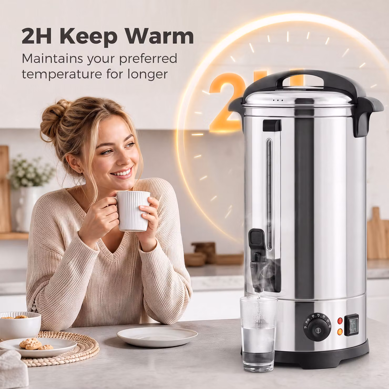 HOMCOM 24L Catering Hot Water Urn, 2500W Stainless Steel Boiler Dispenser in Silver with Thermostat and Keep Warm Function – 5