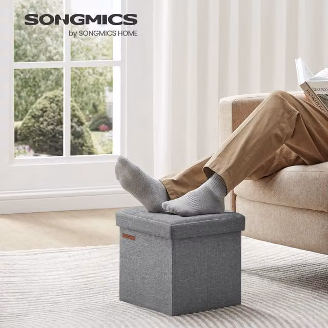 SONGMICS Foldable Fabric Storage Ottoman and Footstool in Grey