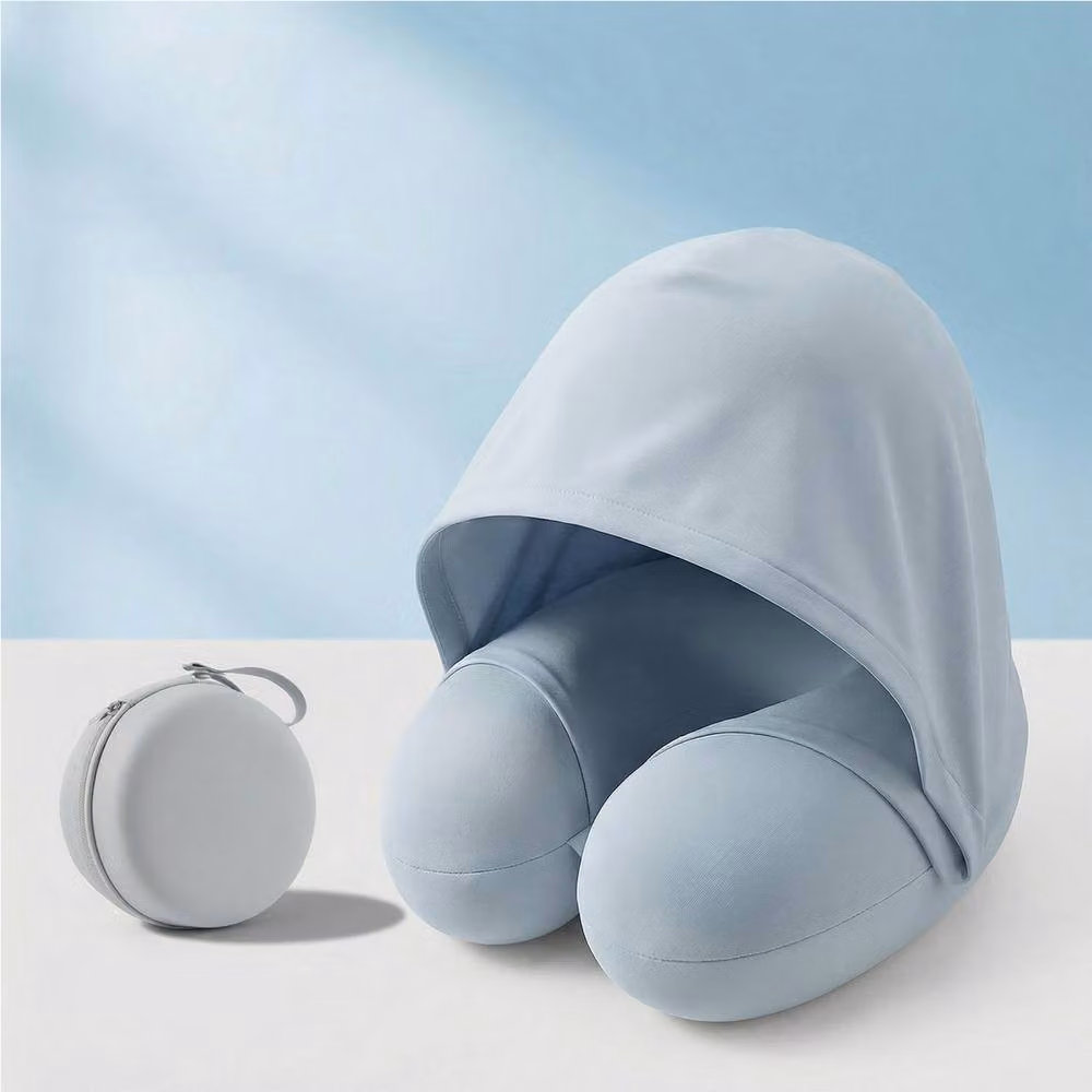 Quipulse Blue U-Shaped Memory Foam Travel Neck Pillow with Hooded Light Blocking and Cooling Silk Fabric – 2