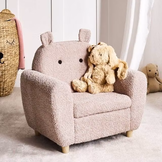 Wyld and Coco Pink Boucle Hippo Armchair for Children with Foam Seat and Rubberwood Legs – 1