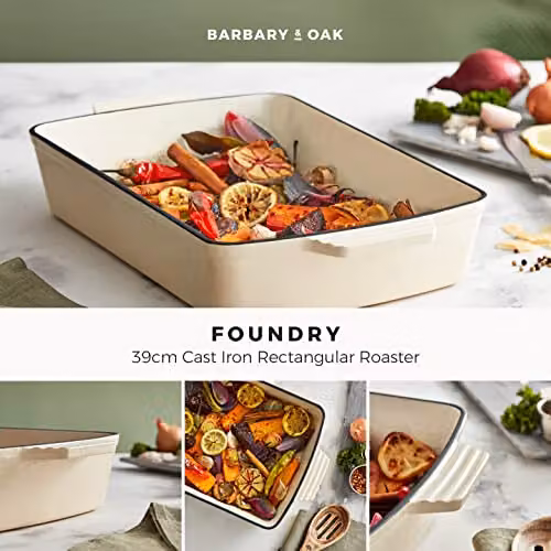 Barbary & Oak BO800258CRM Rectangular Cast Iron Roaster with Enamel Interior, Beige – 1