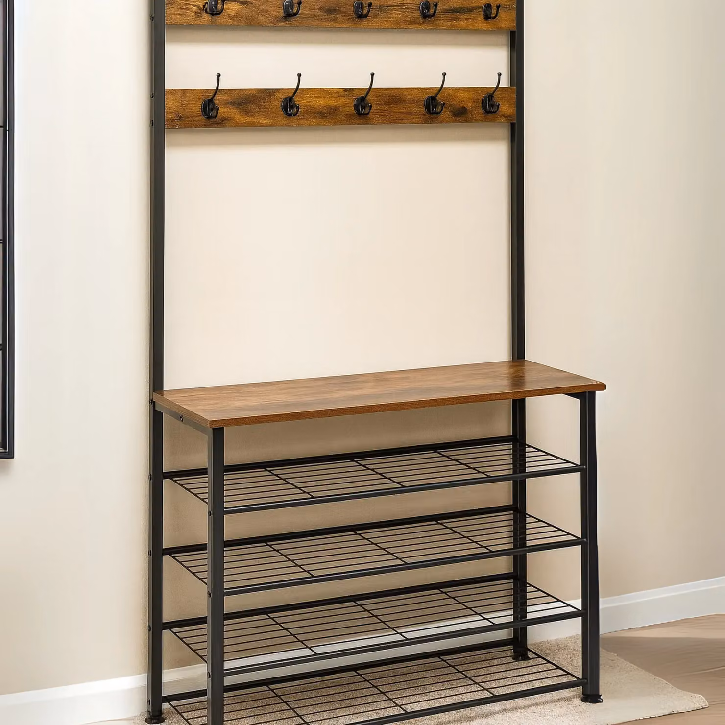 Storvo Industrial Hall Tree with 5 Tier Shoe Bench in Brown, H 190 x W 80 x D 32 cm – 5
