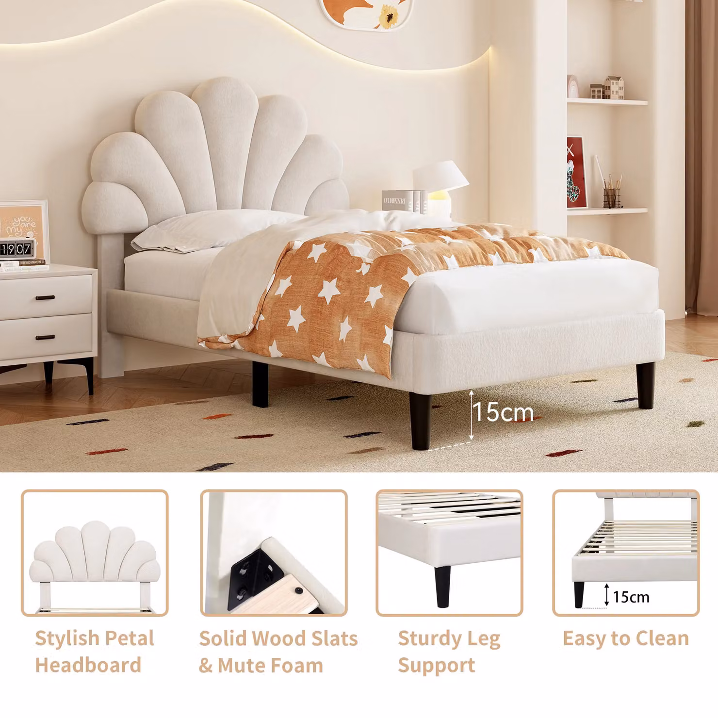 BTM Upholstered Velvet Bed Frame with Adjustable Chic Petal Headboard in Beige, Size: Double (W/D/H: 140 x 200 cm) – 2