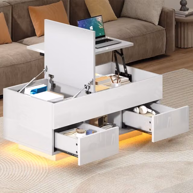 Aosom UK White High-Gloss Lift-Top Coffee Table with App-Controlled RGB LED Lights and Hidden Compartment, W: 100 cm, D: 45 cm, H: 43 cm – 1