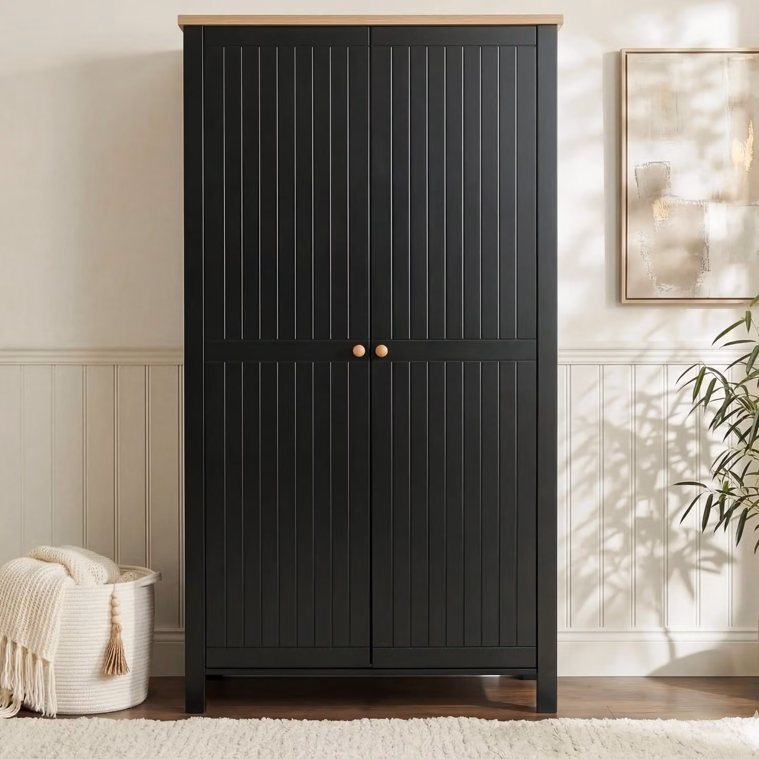 DHS Black Mid-Century Oak Double Wardrobe with Soft-Close Hinged Doors, Internal Shelves and Hanging Rod, H 186 x W 97.5 x D 55.5 cm