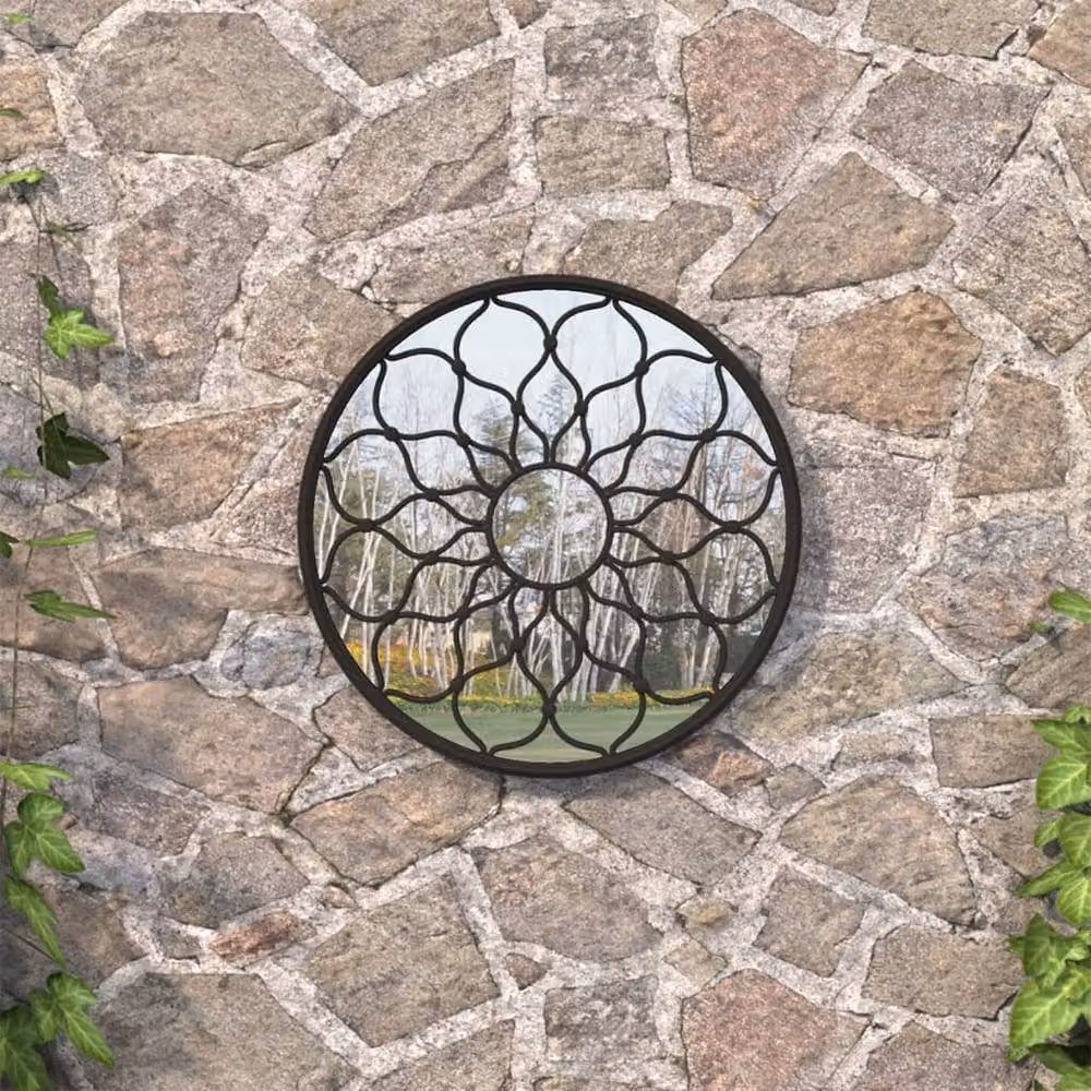 Berkfield Round Metal Garden Wall Mirror in Black, Diameter: 60 cm, Depth: 3 cm – 2