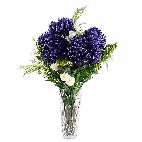 Leaf Design Mixed Floral Artificial Flower Display with Transparent Glass Vase in White and Purple