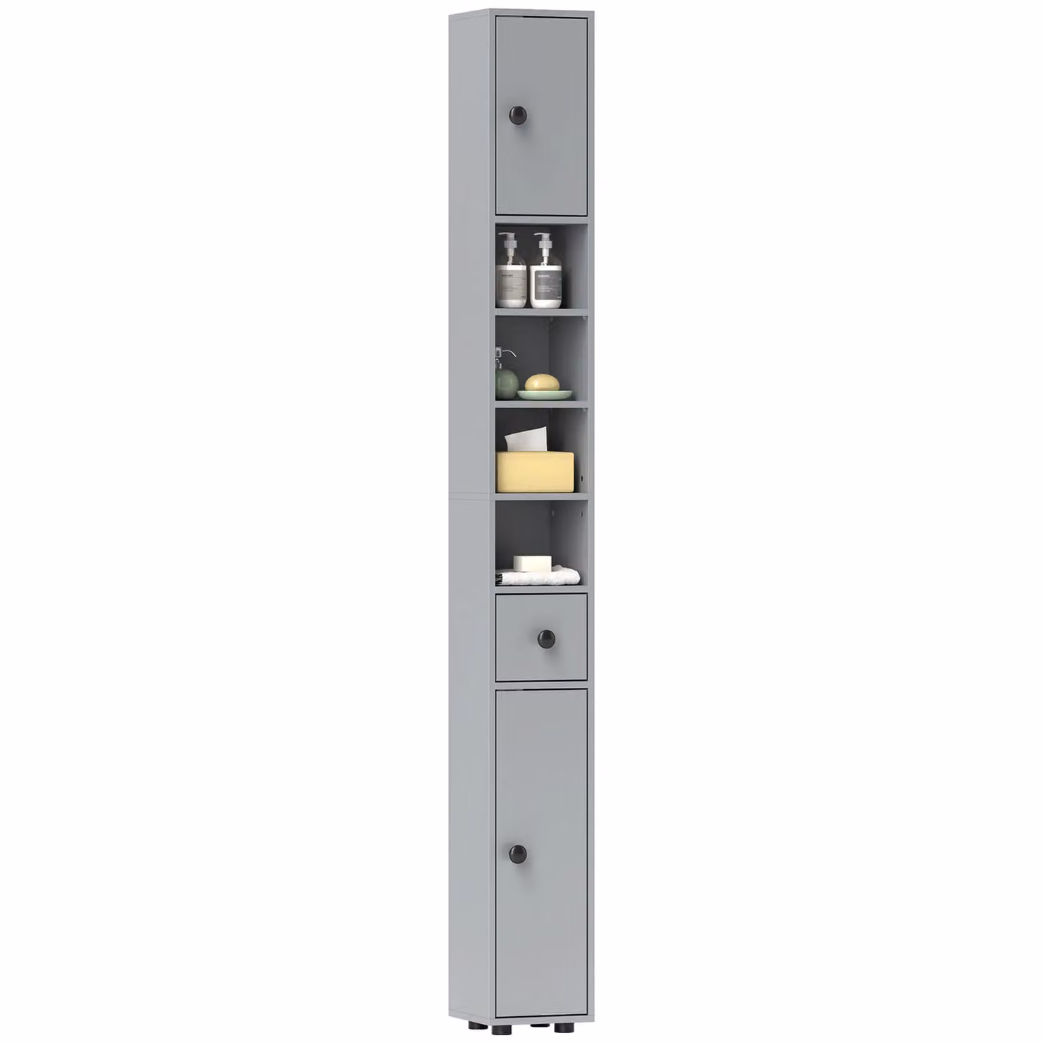Kleankin Slim Grey Bathroom Cabinet with Open Shelves and 2 Hinged Doors, H 180 x W 20 x D 20 cm – 2