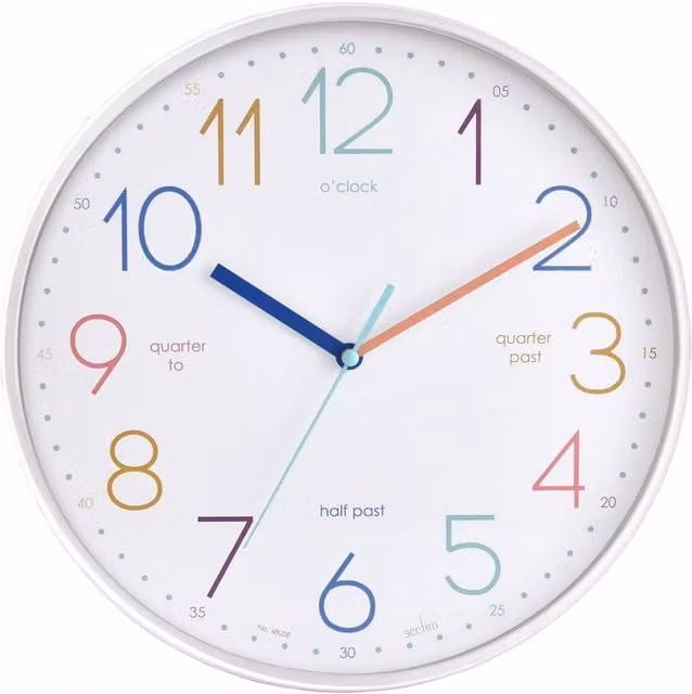 Acctim Afia Teaching Kids Wall Clock, Non-Ticking Sweep Quartz, White and Multicolour, Diameter: 30 cm