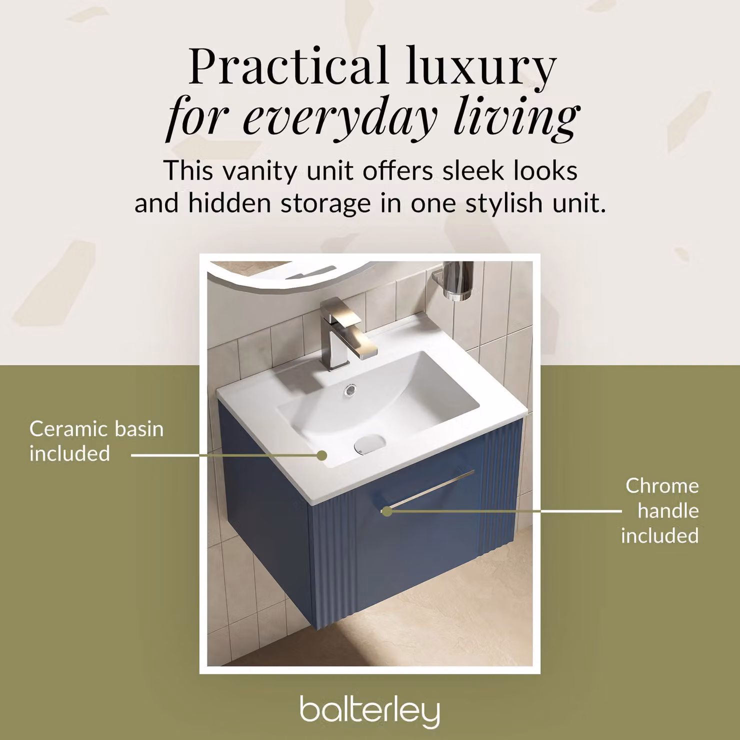 Balterley Wall Hung 1 Drawer Vanity Unit with Minimalist Basin, Satin Blue – 3