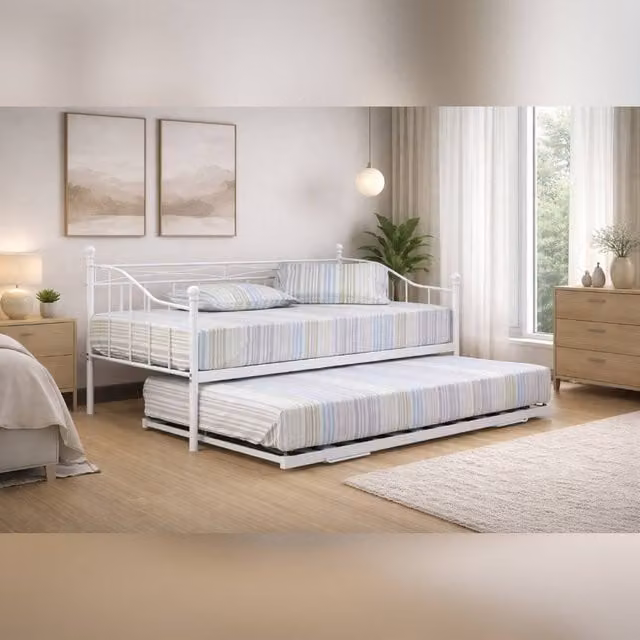 Comfy Living Ltd Metal Daybed with Trundle in White, Size: 90 x 200 cm