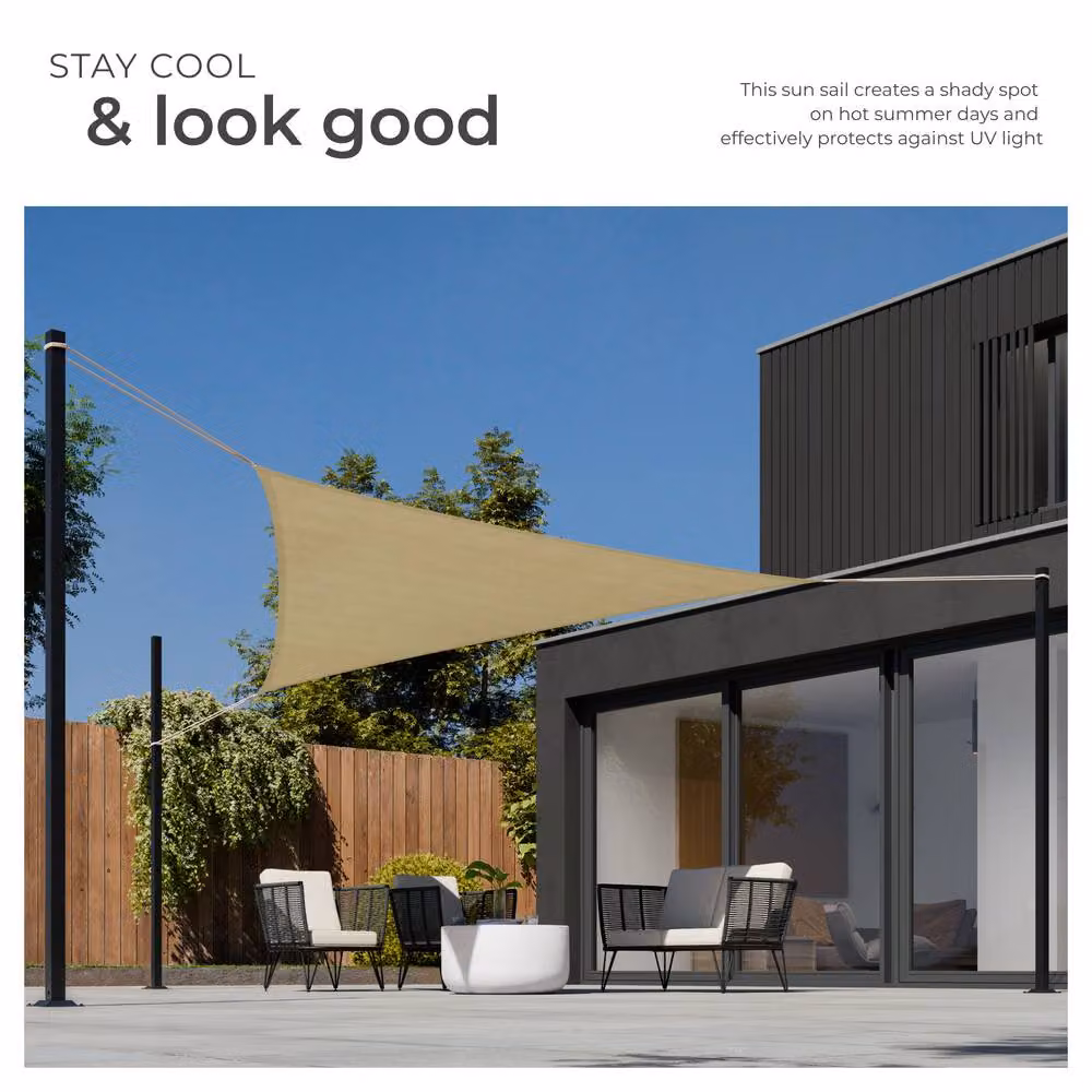 tectake Triangular Shade Sail with UV Protection UPF 50+ and Water-Repellent HDPE Fabric in Beige – 3