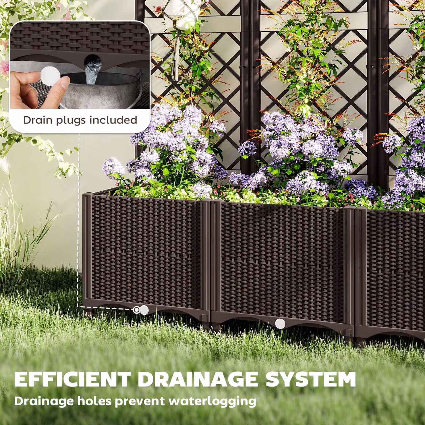 Outsunny Brown Plastic Raised Garden Bed with Trellis and Drainage Holes for Climbing Plants, Vegetables and Flowers, W: 140 cm, D: 120 cm, H: 40 cm – 4