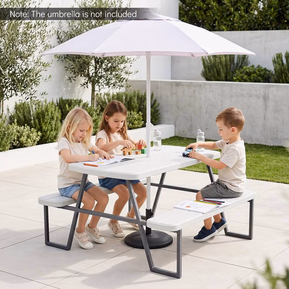CASART Kids Picnic Table with Benches and Chairs in White – 4