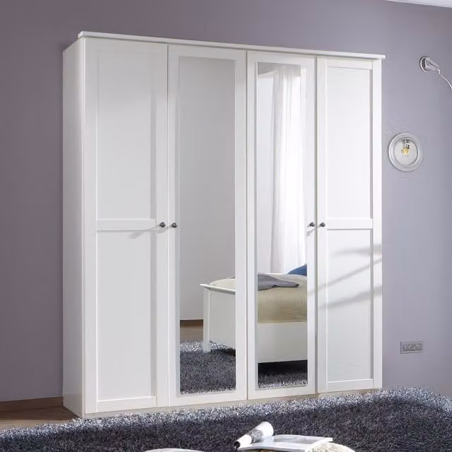 Tjs Modern White 4 Door Wardrobe with Glass Doors and Mirror