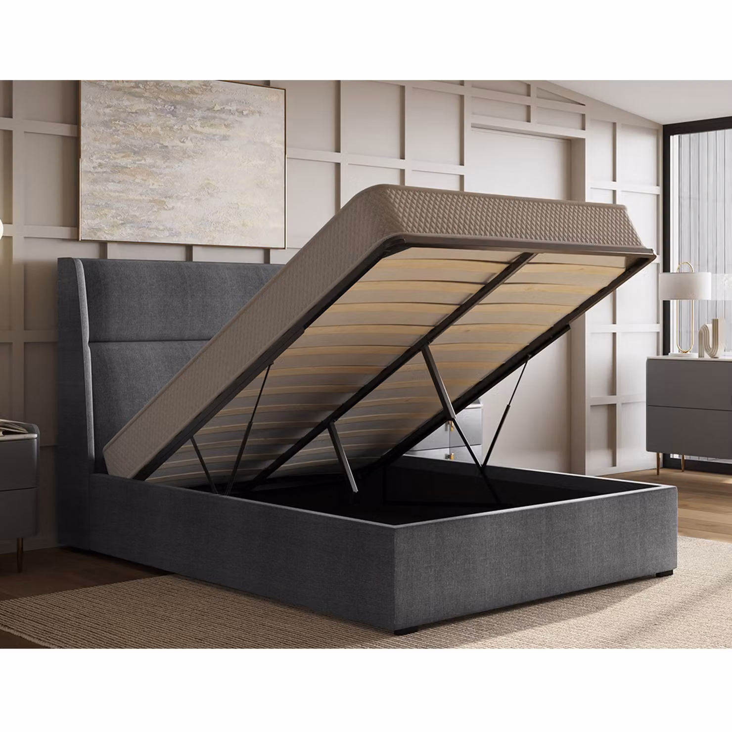 Flair Modern Upholstered Ottoman Bed in Grey, W/D/H: 140 x 200 cm – 2