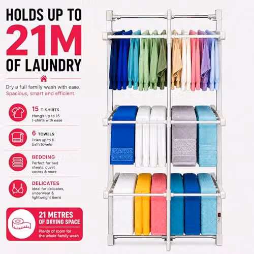 Homefront EcoDry Electric 3-Tier Heated Clothes Airer in Silver, Metal Folding Indoor Laundry Rack, 330W, W/D/H: 78 x 72 x 72 cm – 4