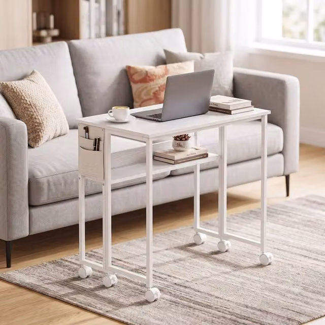 STILVORA White Drop Leaf Writing Desk with Shelves and Castors