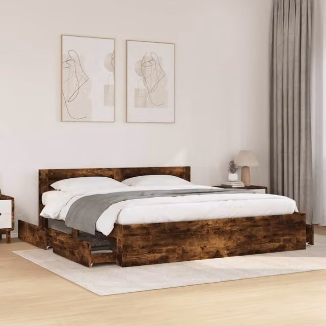 Berkfield Home Super King Bed Frame with Headboard and Drawers in Smoked Oak Brown, W/D/H: 180 x 200 cm
