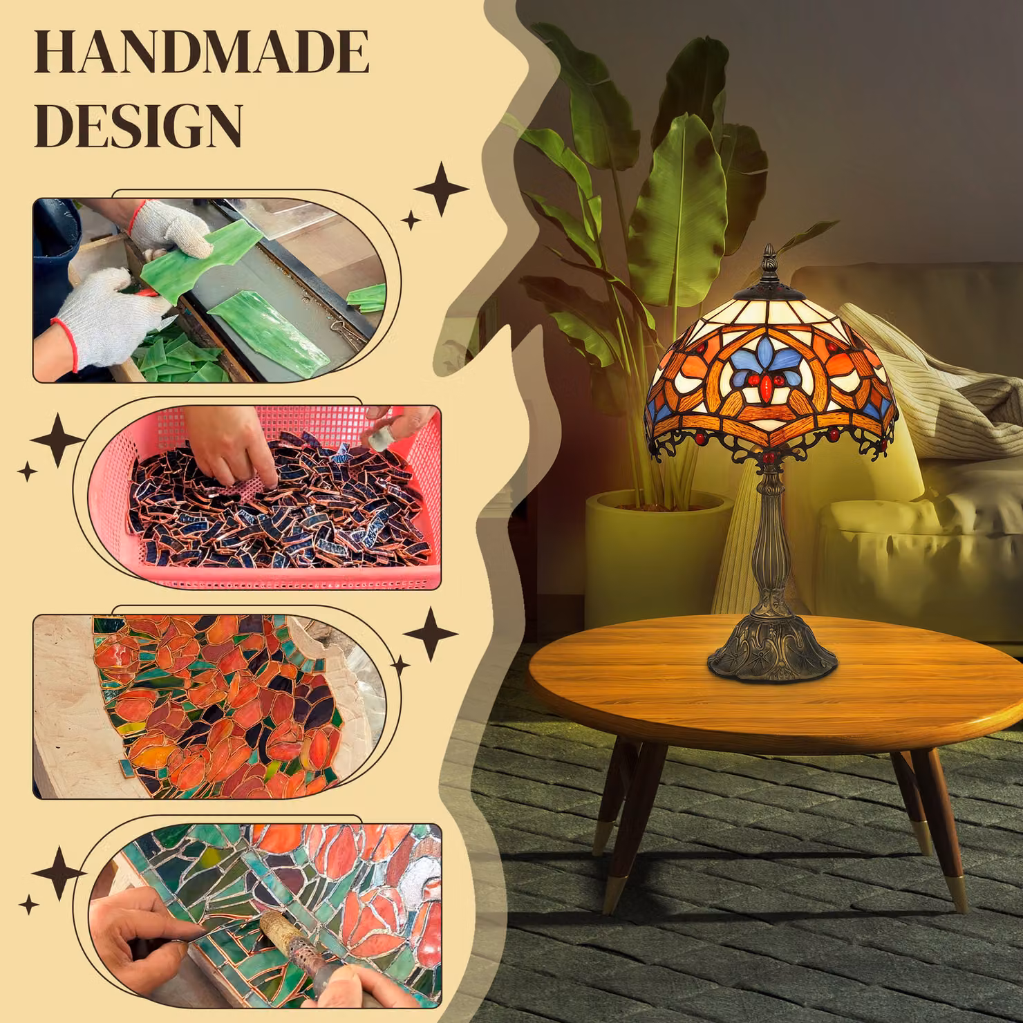 HOMCOM Art Nouveau Stained Glass Table Lamp, Multi-Coloured Handcrafted Bedside Light with Zinc Alloy and Glass Dome – 4
