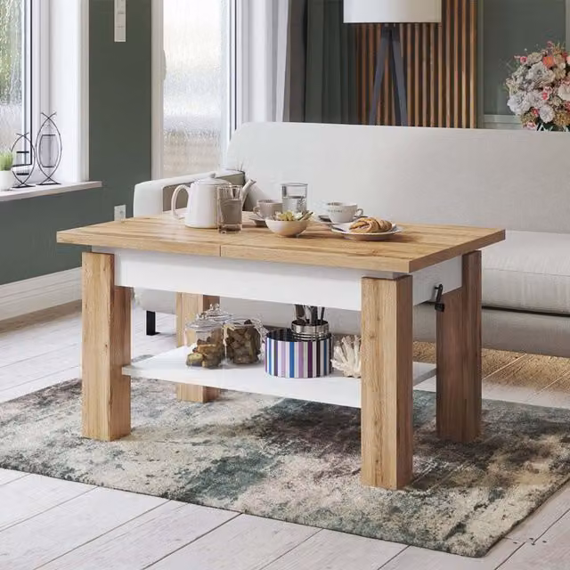 Heze Furniture Astoria 2 in 1 Extending Coffee Dining Table in Wotan Oak and White