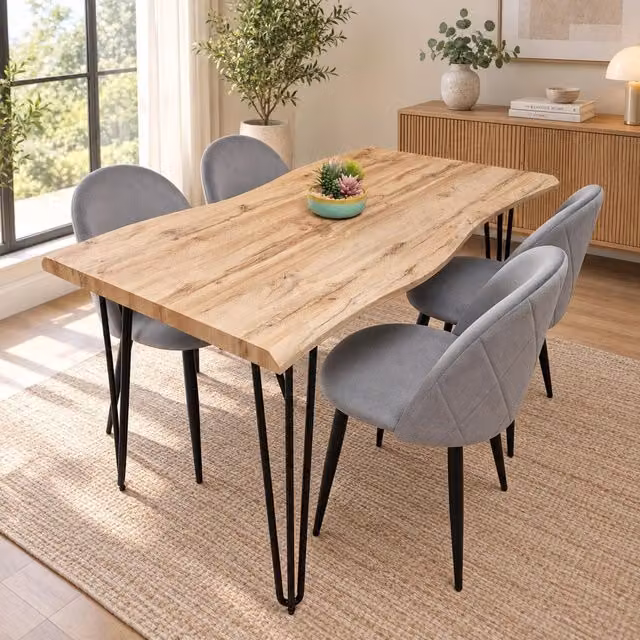 Kosy Koala Rustic Wood-Effect Rectangular Dining Table Set with 4 Grey Upholstered Chairs, W/D/H: 140 x 80 x 75 cm, Brown – 1