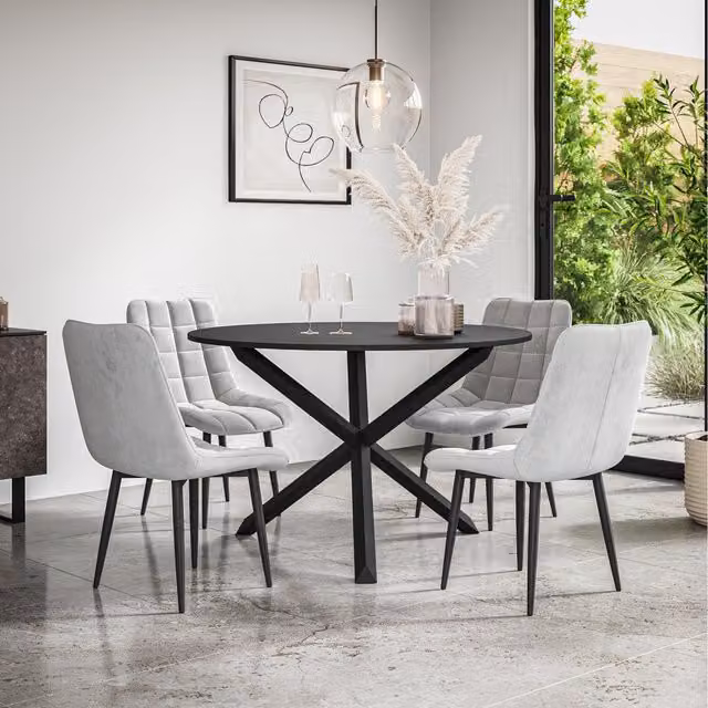 More4Homes Malvern Round Black Dining Table Set with 4 Grey Nova Velvet Chairs and Black Oak Legs, Diameter: 120 cm, Height: 75 cm