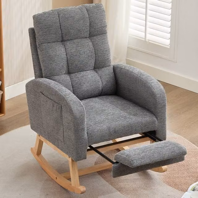 Rolipo Grey Waffle Fabric Rocking Chair with Ottoman and Armrests