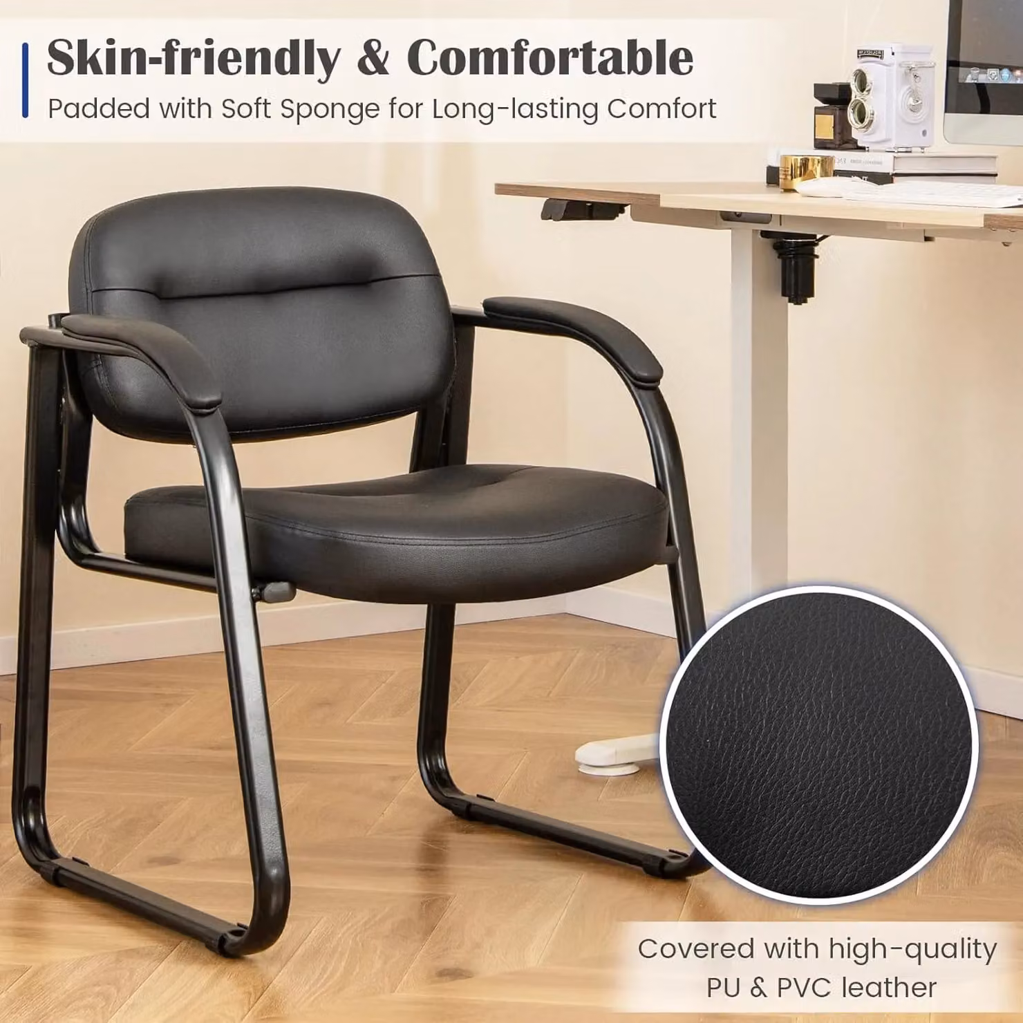 Gymax 2 Pack Black Upholstered Office Guest Chairs with Padded Armrests – 6