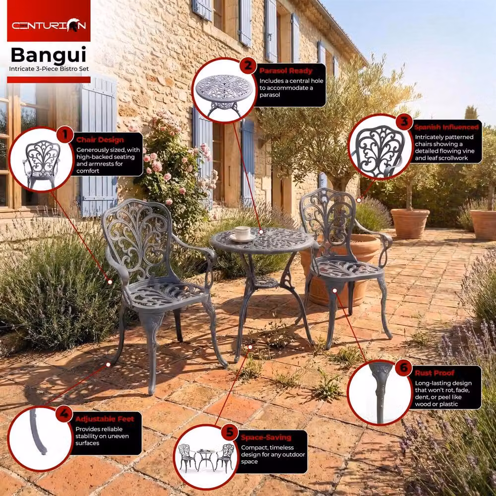 Centurion Supports BANGUI 3 Piece Cast Aluminium Garden Bistro Set in Grey with Table and 2 Chairs – 4