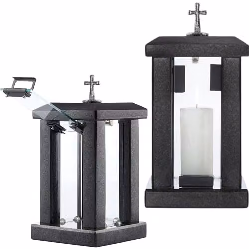 NOVECRAFTO Black Granite Square Memorial Lantern with Cross, Height: 32 cm – 1