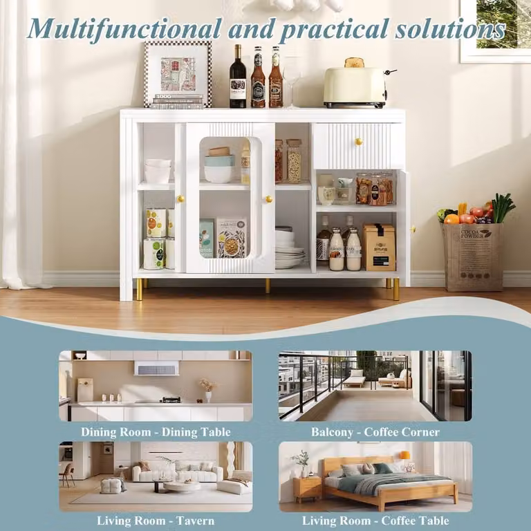 BTM Modern Tall Kitchen Pantry Cabinet with Sliding Glass Doors in White, H 180 x W 104.4 x D 52 cm