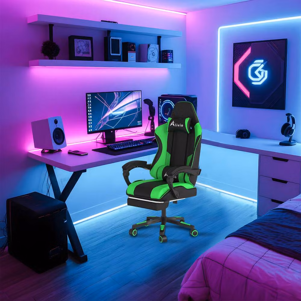 Alivio Ergonomic Green PU Leather Gaming Chair with Footrest, Headrest and Lumbar Support – 5