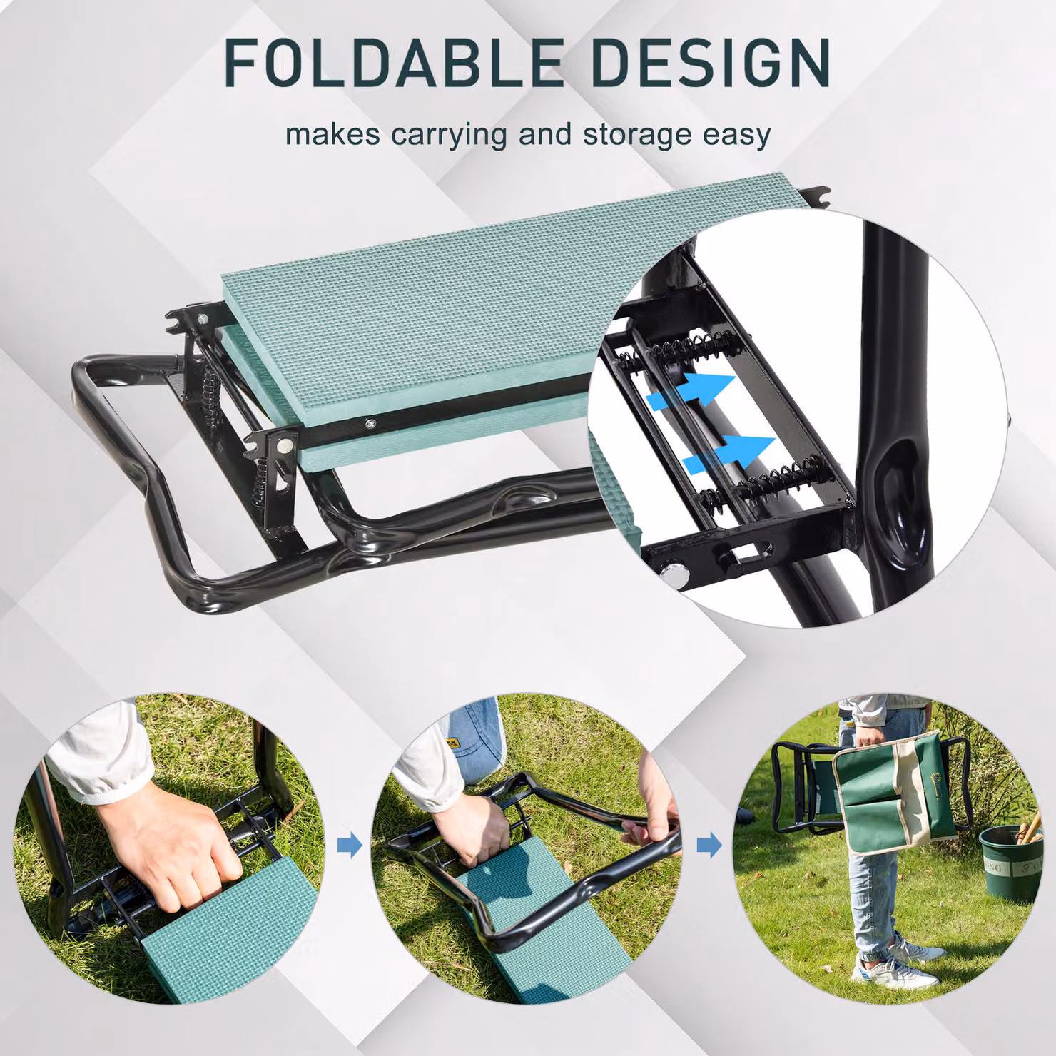 Outsunny Foldable Steel Frame Garden Kneeler Seat with Foam Pad and Tool Bag in Green – 5