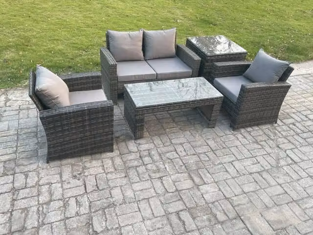 Fimous 4 Seater Rattan Garden Furniture Set in Dark Grey with Upholstered Cushions, Coffee Table and Side Table