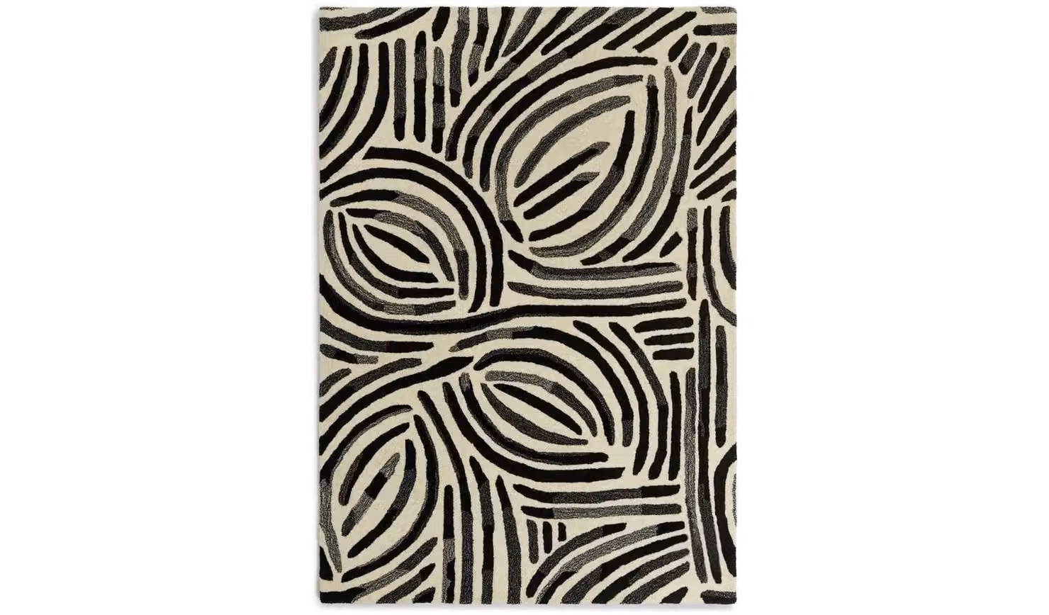 Skandi Brush Marks Black and White Abstract Cut Pile Wool and Cotton Scandinavian Rug, W: 230 cm, D: 160 cm