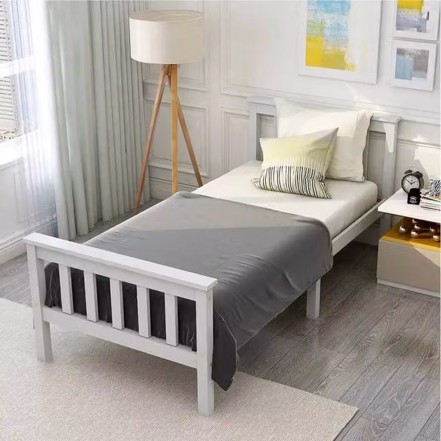 FLAVORA White Solid Pine Single Cot Bed Frame with Mattress