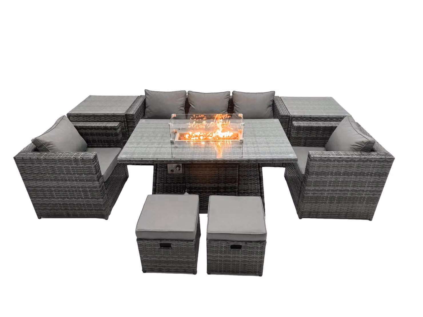 Fimous Outdoor PE Rattan Garden Furniture Set with Gas Fire Pit Dining Table, Armchairs and 2 Side Coffee Table Stools in Dark Grey – 2