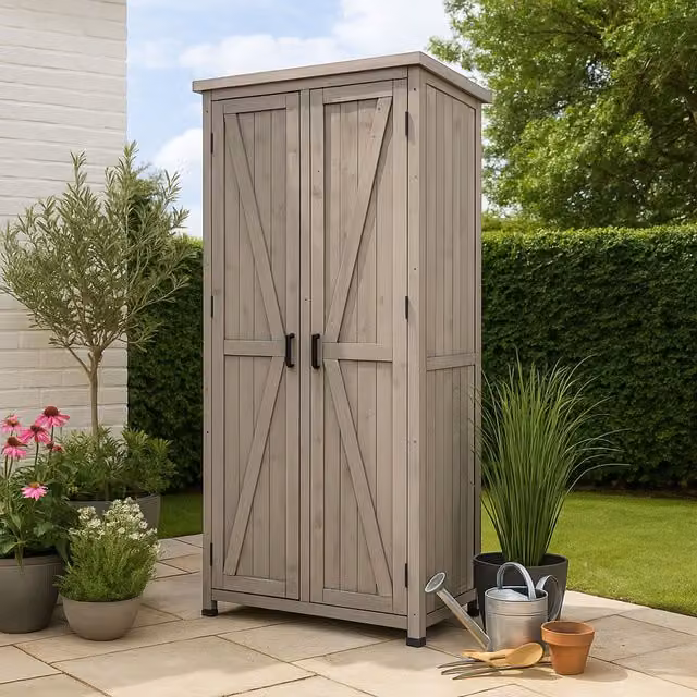 Jack Stonehouse Grey Spruce and Metal Freestanding Garden Storage Cabinet with Hinged Doors and Internal Shelves