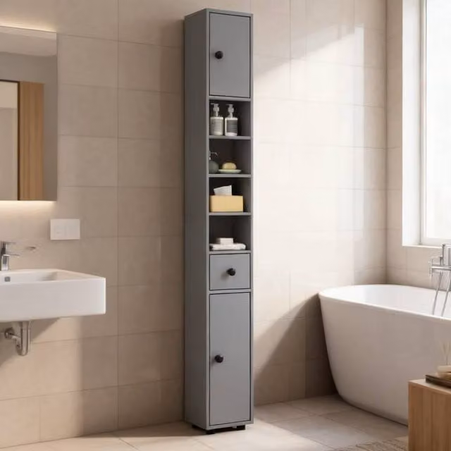 ERGOVEXA Grey Slim Wall Mounted Bathroom Cabinet with Drawers, Shelves and Cupboards – 1