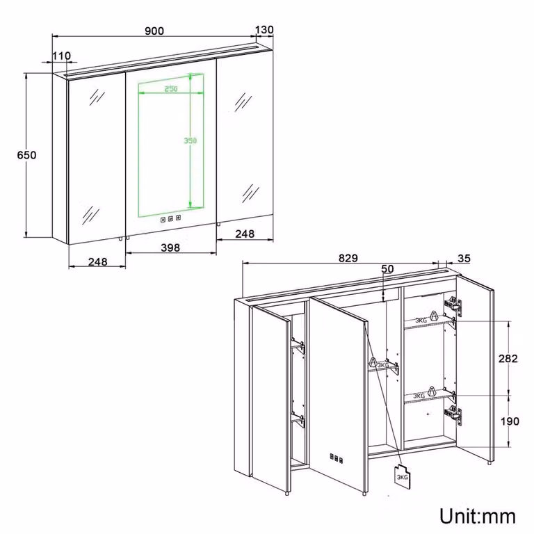 FORGEVIO Black Matt LED Bathroom Mirror Cabinet with Integrated Lighting, Shaver Socket and Anti-Fog Function