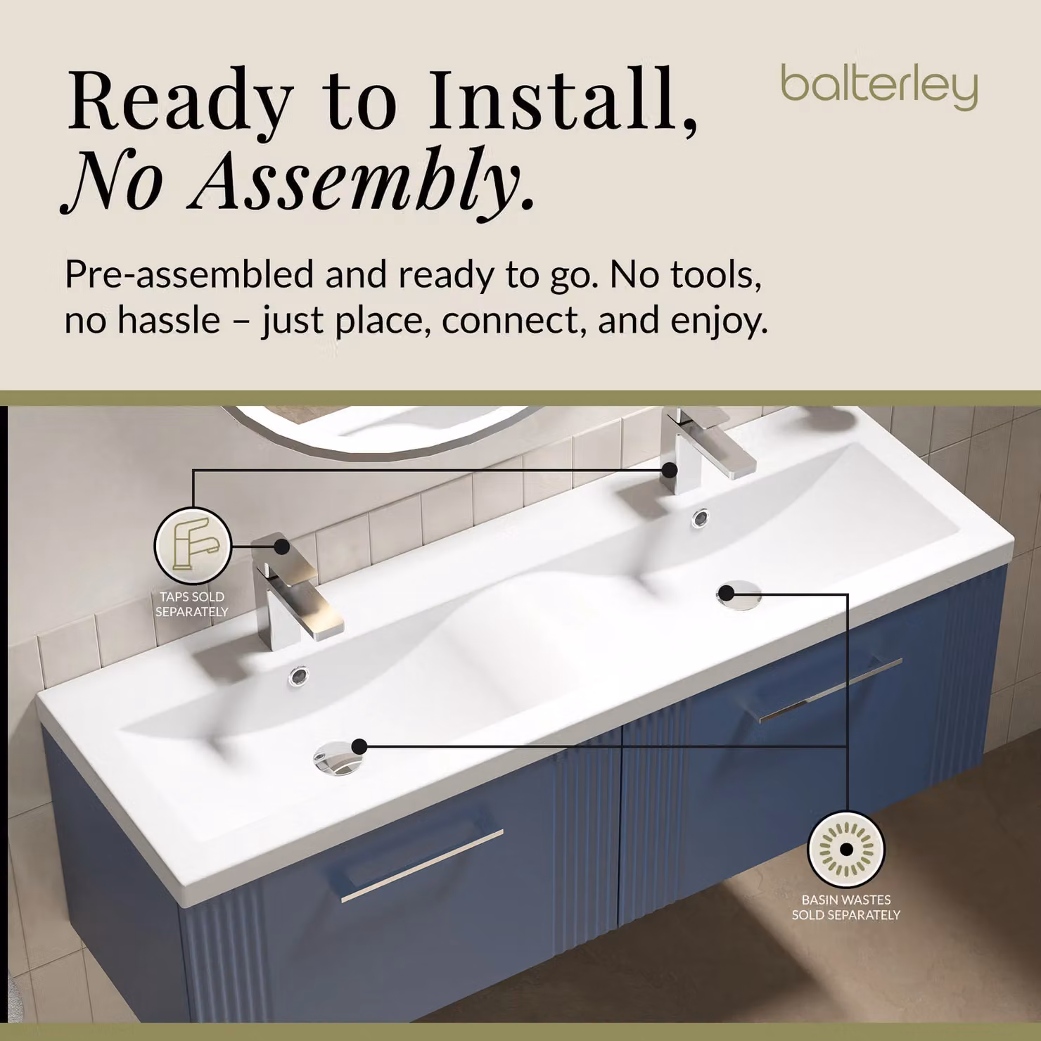 Balterley Wall Hung 2 Drawer Vanity Unit with 2 Ceramic Basins, Satin Blue, W: 120 cm – 4