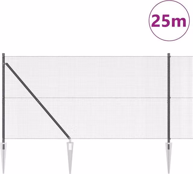 Berkfield Home Grey Powder-Coated Steel Welded Wire Fence with 13 In-Ground Spike Posts, W: 25 m, H: 1.4 m