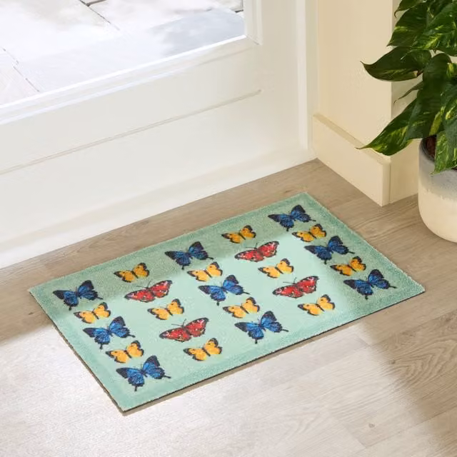 Artsy Mats Butterfly Pattern Washable Non-Slip Indoor Doormat, Light Green, W: 60 cm, D: 40 cm – 1