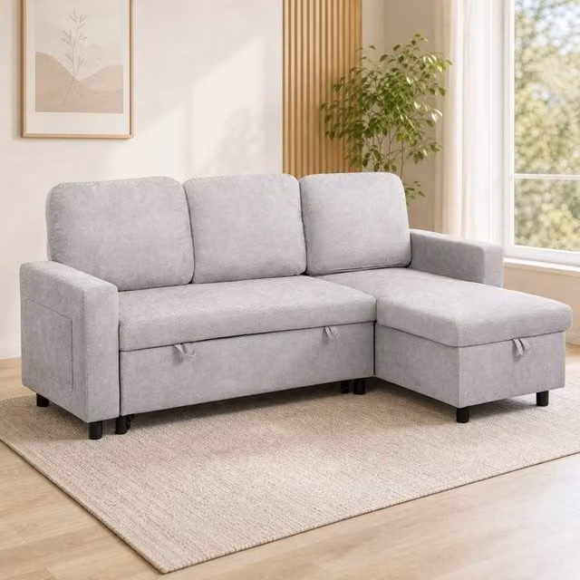STILVORA L-Shape Sofa Bed with Storage in Grey Fabric – 1