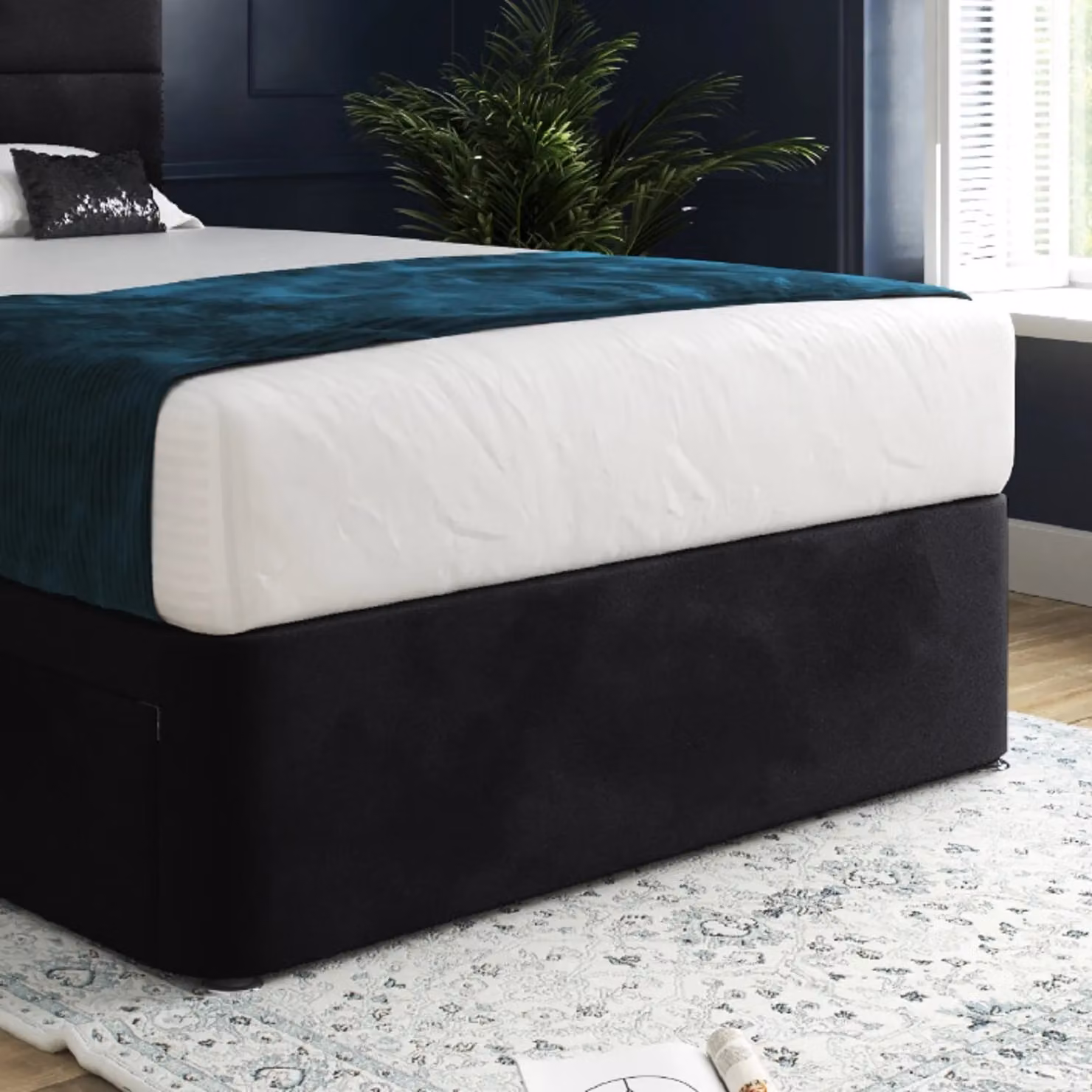 KDMD Dime Upholstered Floorstanding Headboard and Divan Designer Bed Frame with Drawers in Black, Small Single – 4