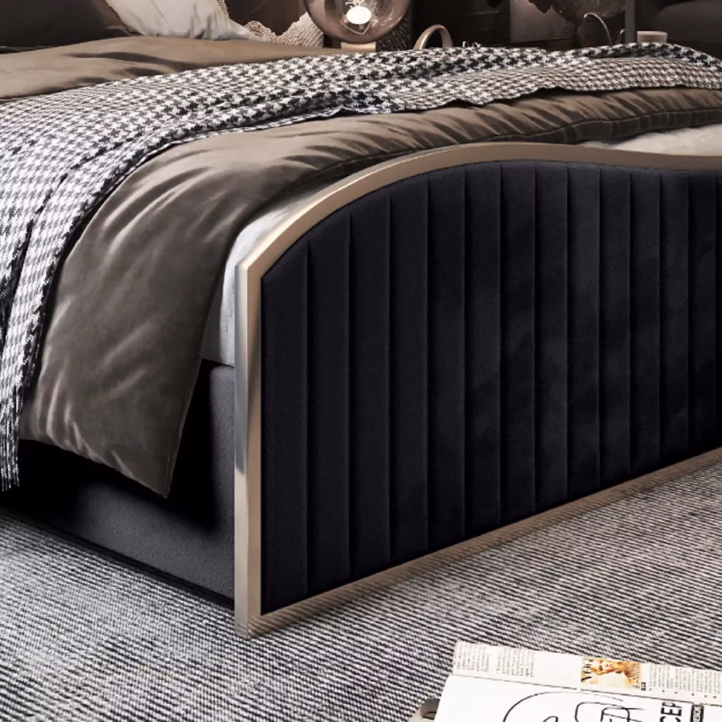 KDMD Brixton Super King Upholstered Velvet Bed Frame in Black with Metal Details, 200 x 200 cm – 3